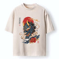 Kyoto-Lion Blue Oni Mask Lucky Peony Art Washed T-Shirt