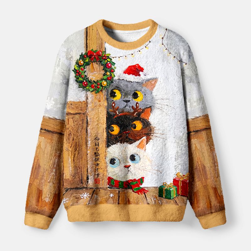 Kyoto-Lion Three Cute Cats Watch You Fuzzy Christmas Ugly Sweatshirt
