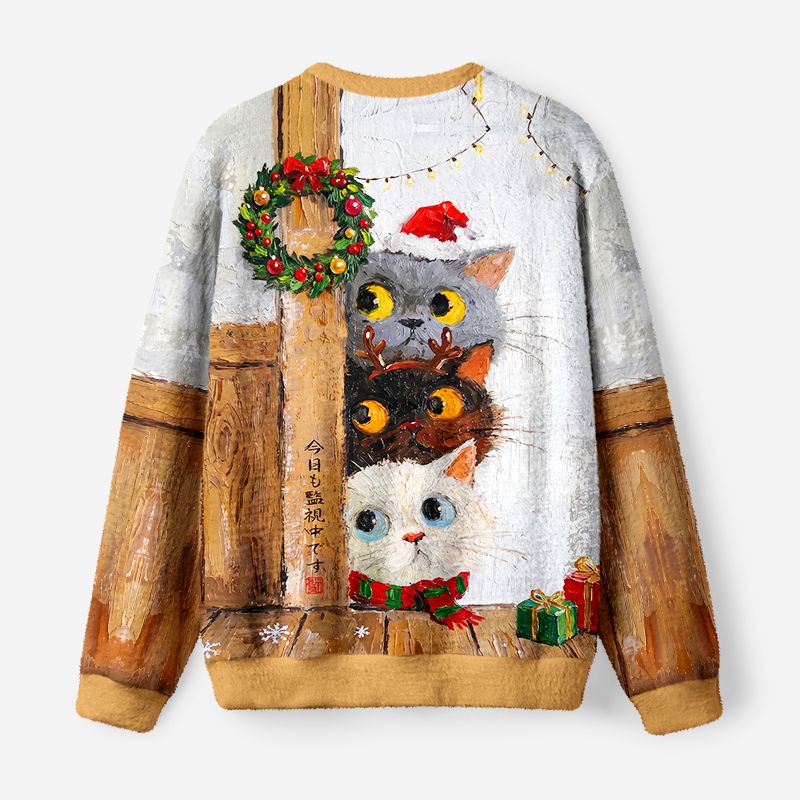 Kyoto-Lion Three Cute Cats Watch You Fuzzy Christmas Ugly Sweatshirt
