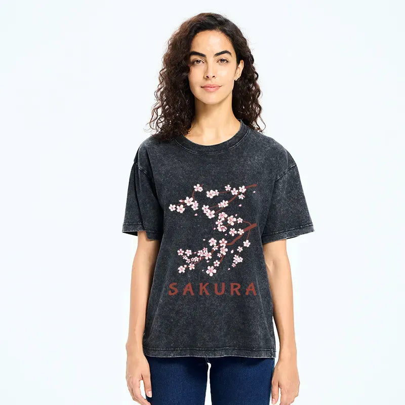 Kyoto-Lion Japanese Beautiful Sakura Washed T-Shirt