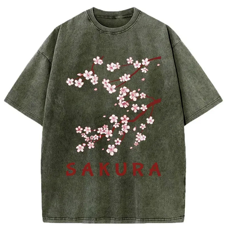 Kyoto-Lion Japanese Beautiful Sakura Washed T-Shirt