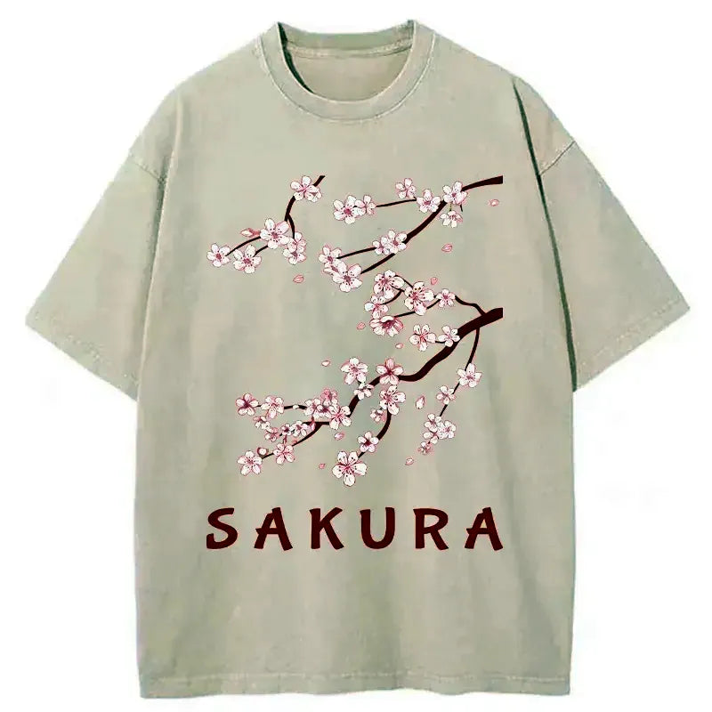 Kyoto-Lion Japanese Beautiful Sakura Washed T-Shirt