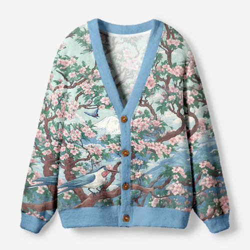 Kyoto-Lion Birds Under The Sakura Tree Ugly Cardigan Sweater