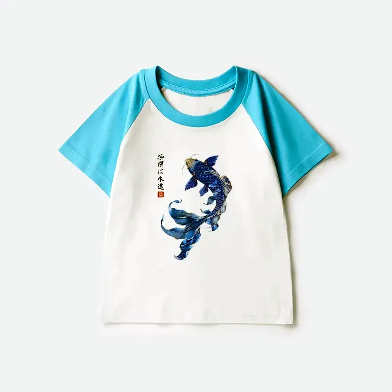 Kyoto-Lion Lucky Blue Koi Fish Art Kids Raglan T-shirt