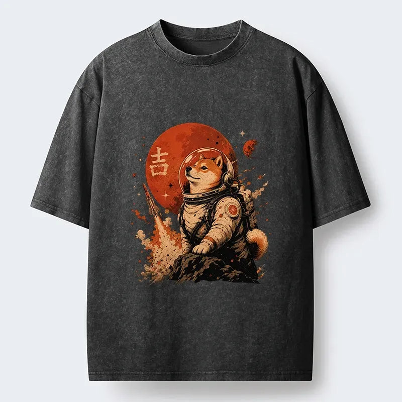 Space Dog Washed T-Shirt for Streetwear