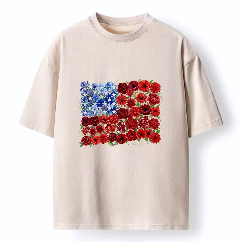 Kyoto-Lion Floral American Flag Watercolor Art Washed T-Shirt