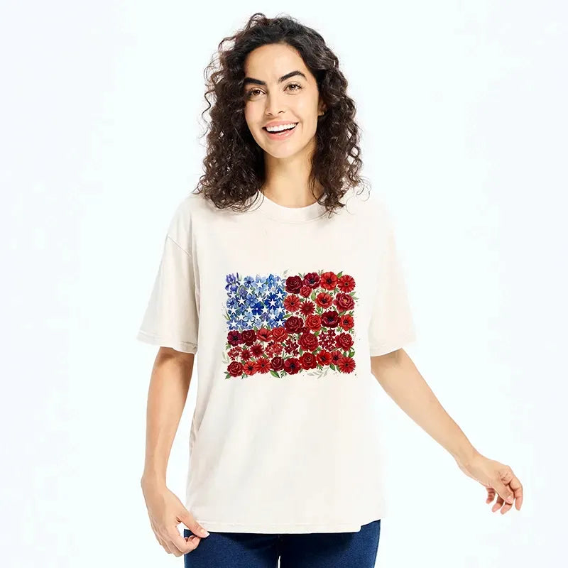 Kyoto-Lion Floral American Flag Watercolor Art Washed T-Shirt
