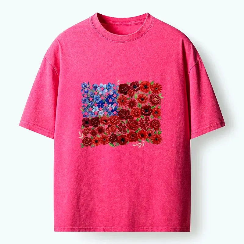 Kyoto-Lion Floral American Flag Watercolor Art Washed T-Shirt