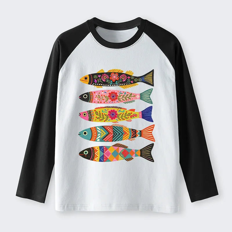 Kyoto-Lion Colorful Patterned Fish Raglan Long Sleeve T-shirt