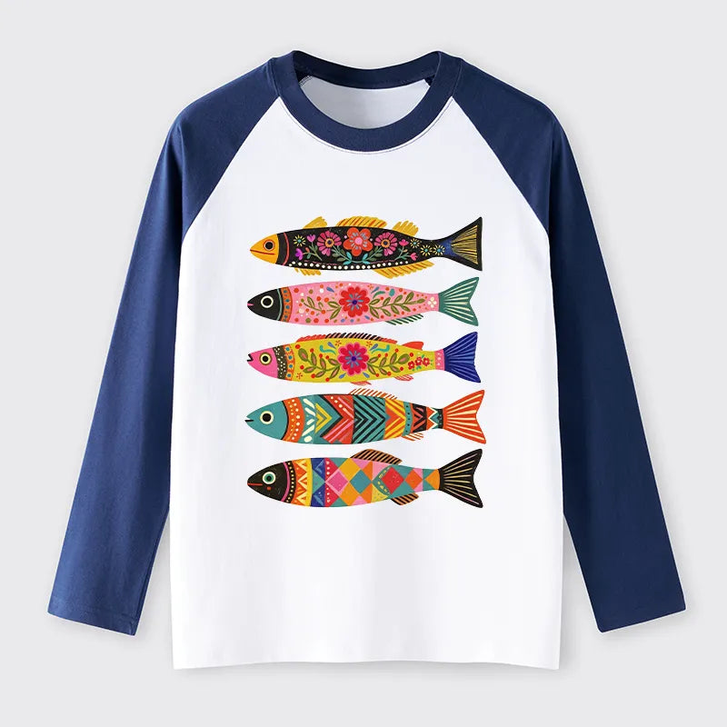 Kyoto-Lion Colorful Patterned Fish Raglan Long Sleeve T-shirt