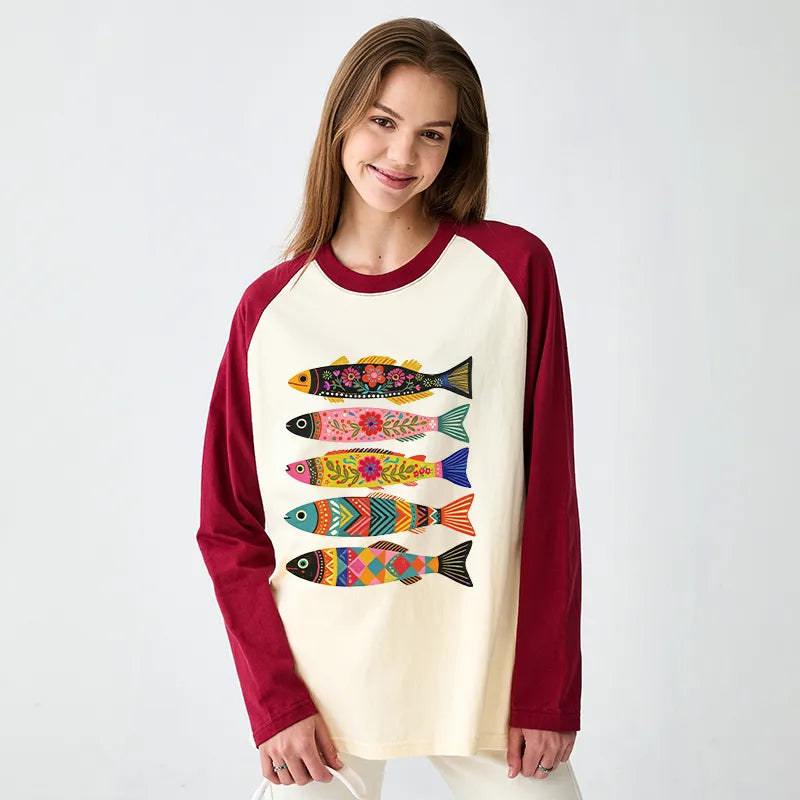 Kyoto-Lion Colorful Patterned Fish Raglan Long Sleeve T-shirt