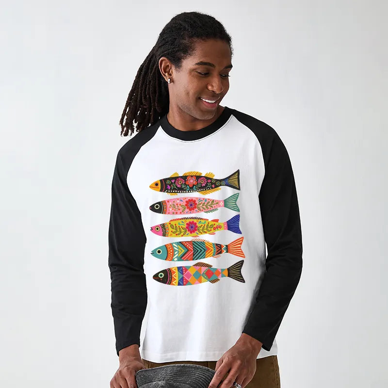 Kyoto-Lion Colorful Patterned Fish Raglan Long Sleeve T-shirt