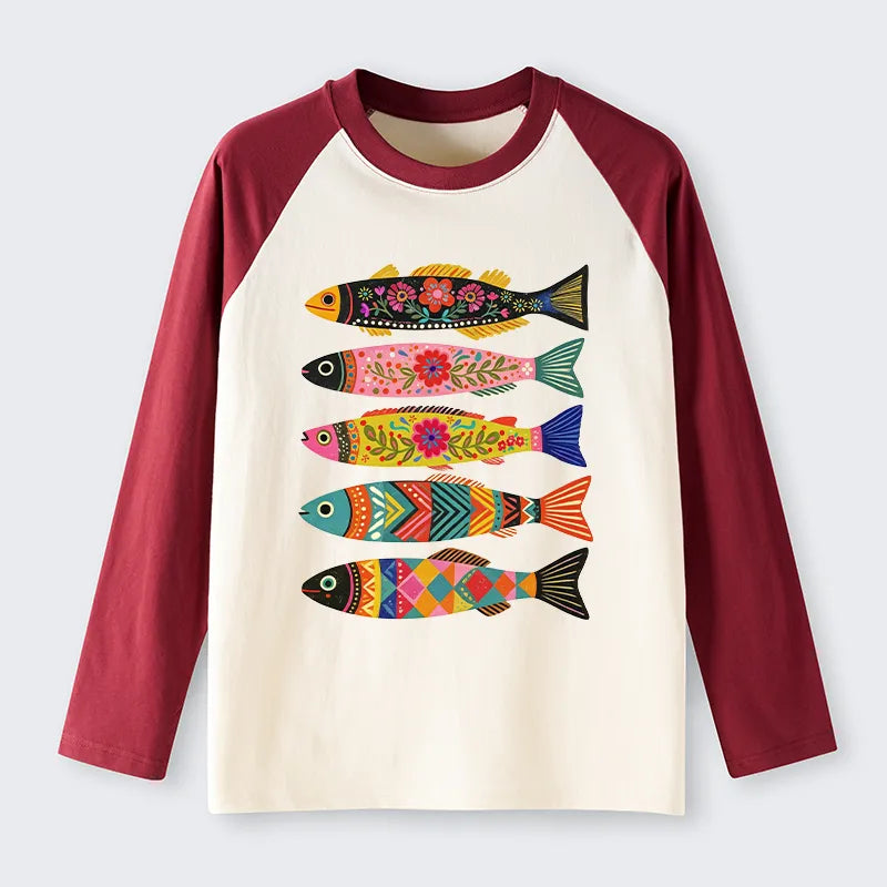 Kyoto-Lion Colorful Patterned Fish Raglan Long Sleeve T-shirt