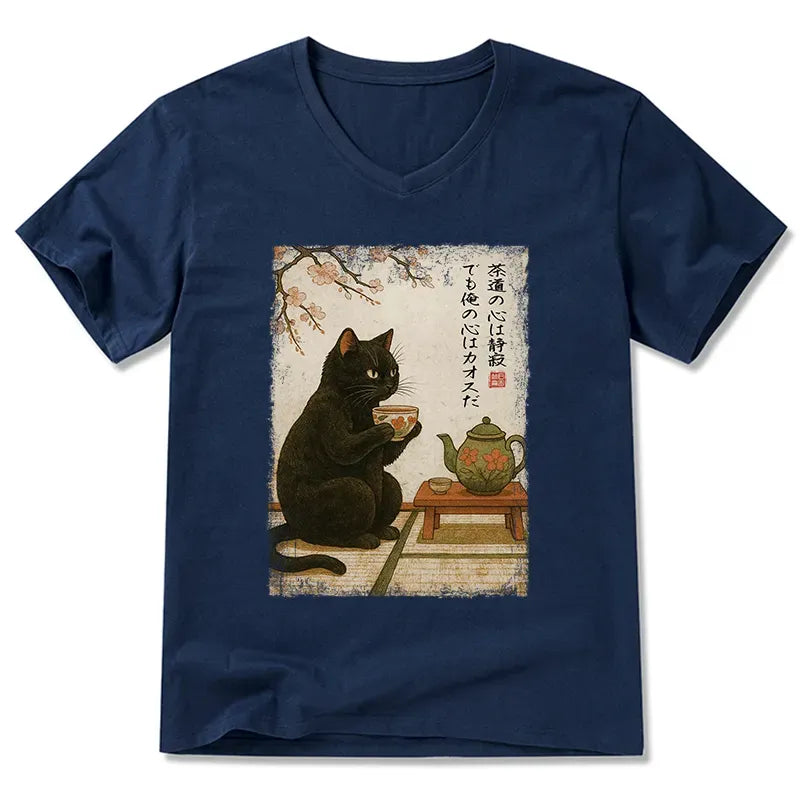 Kyoto-Lion Tea Time With A Black Cat V-Neck Classic T-Shirt