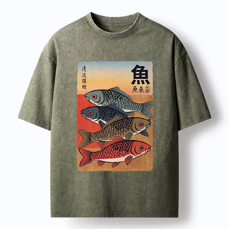 Retro Fish Poster Washed Tee for Street Style
