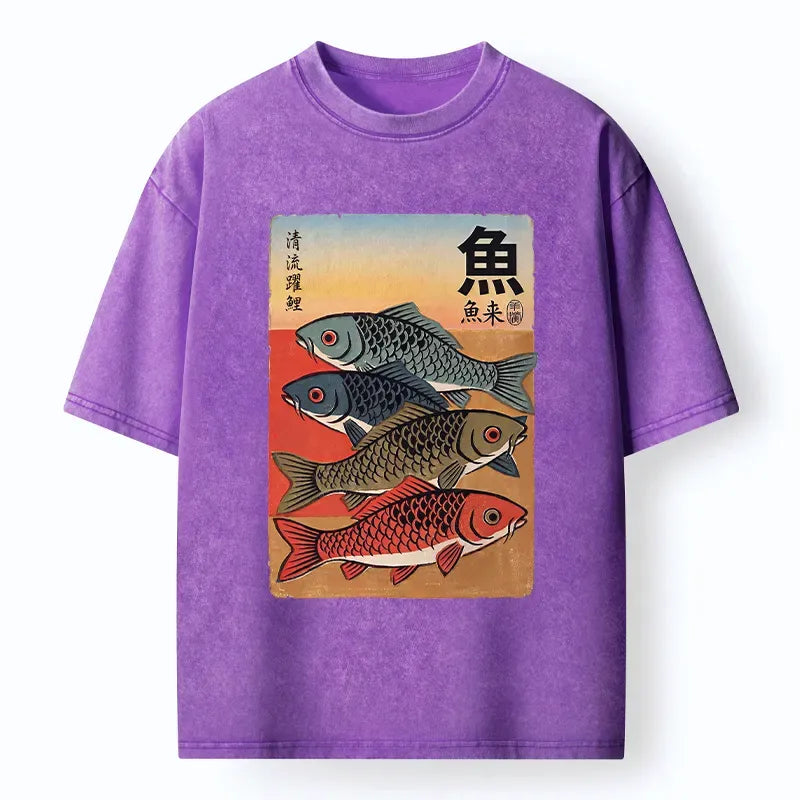 Retro Fish Poster Washed Tee for Street Style