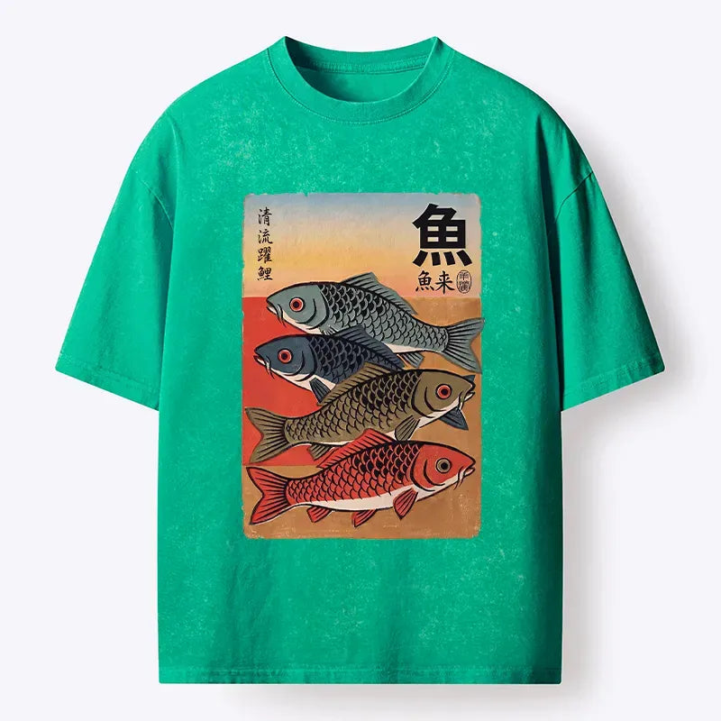 Retro Fish Poster Washed Tee for Street Style