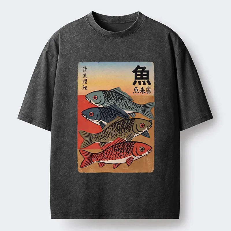 Retro Fish Poster Washed Tee for Street Style