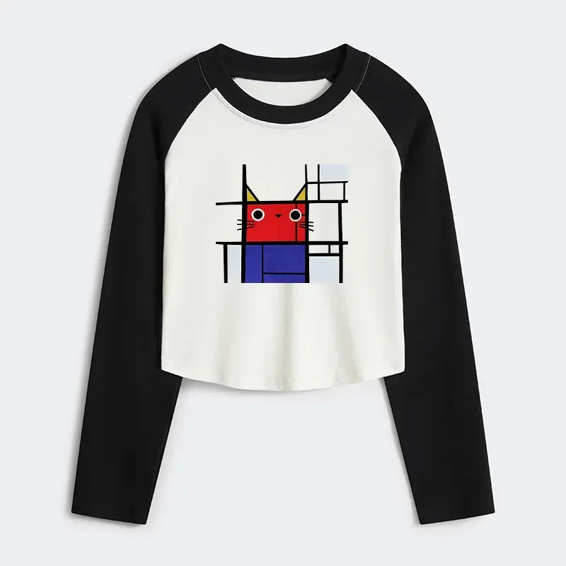Kyoto-Lion Abstract Art Cat Women's Crop Raglan T-Shirt