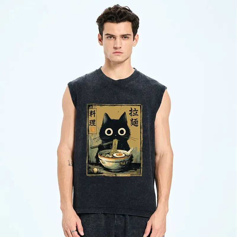 cute black cat eating ramen tank