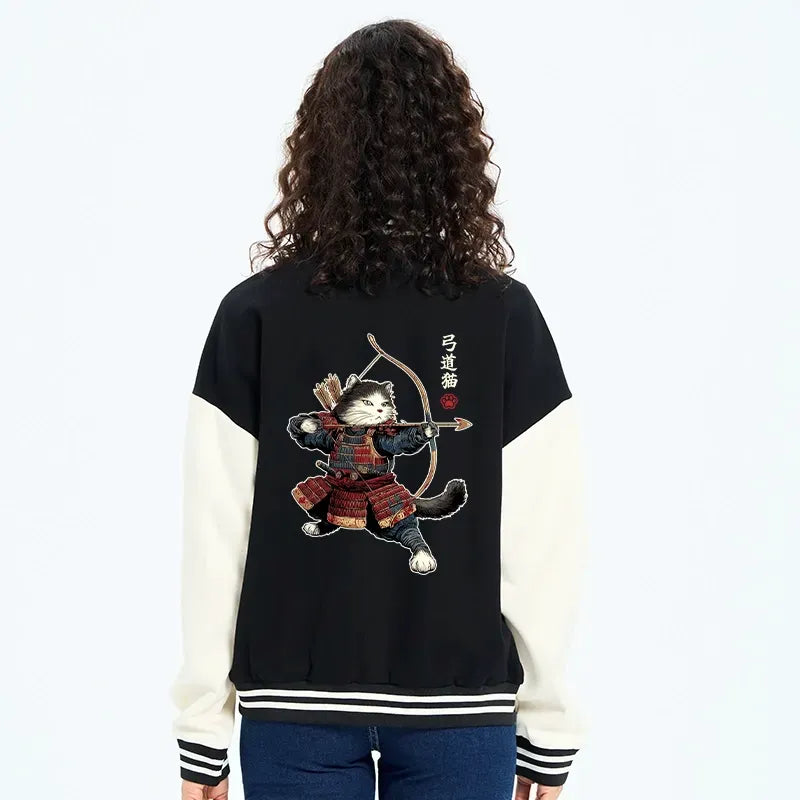 Kyoto-Lion Kyudo Samurai Cat Embroidery Varsity Jacket