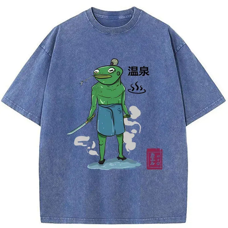 Kyoto-Lion Frog Samurai Bathing In Hot Spring Washed T-Shirt