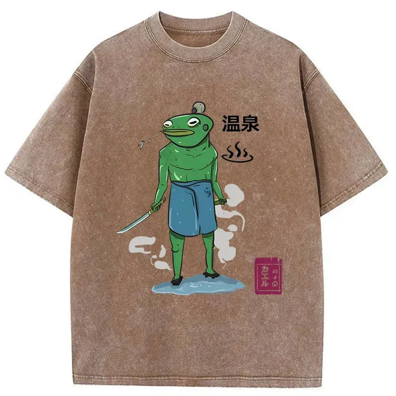 Kyoto-Lion Frog Samurai Bathing In Hot Spring Washed T-Shirt