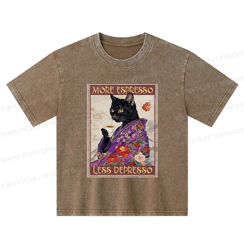 Kyoto-Lion Japanese Cat Drinking Coffee Kids Washed T-Shirt