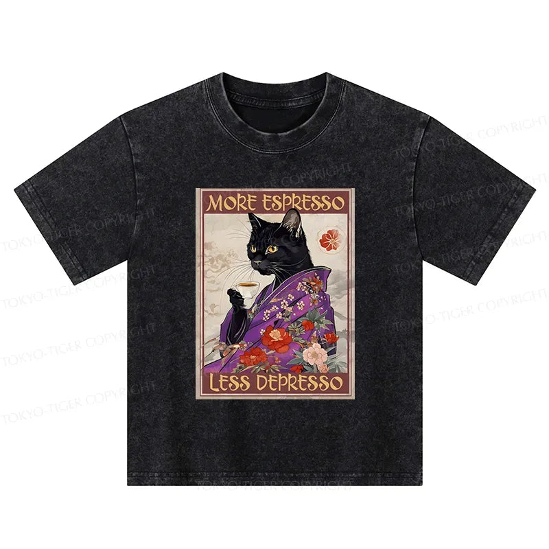 Kyoto-Lion Japanese Cat Drinking Coffee Kids Washed T-Shirt