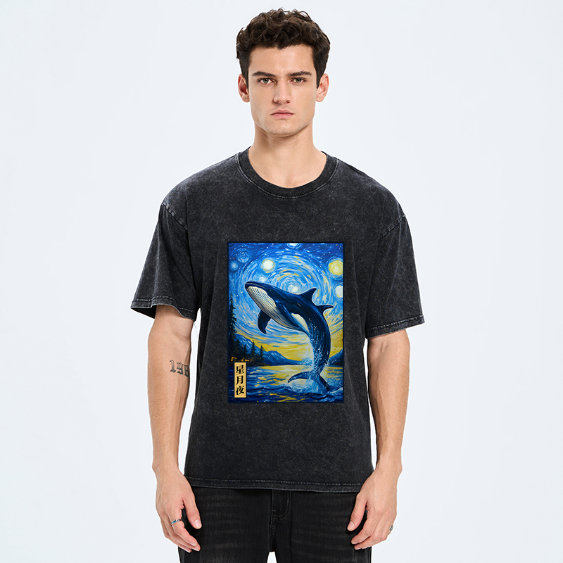 Kyoto-Lion Whale Under The Starry Night Washed T-Shirt