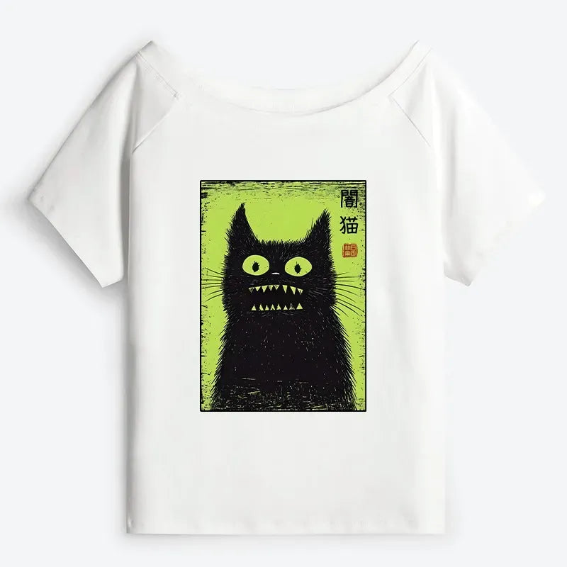 Spooky Black Cat Japanese Off Shoulder T-Shirt
