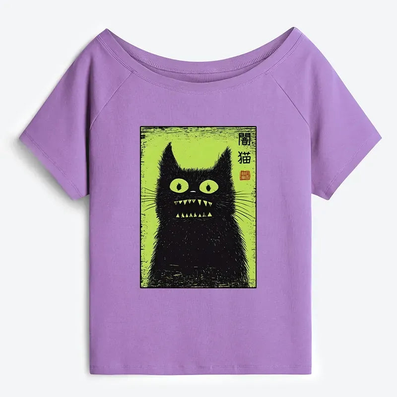 Spooky Black Cat Japanese Off Shoulder T-Shirt
