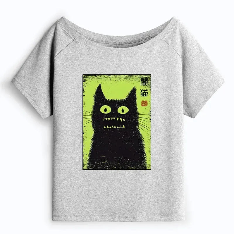 Spooky Black Cat Japanese Off Shoulder T-Shirt