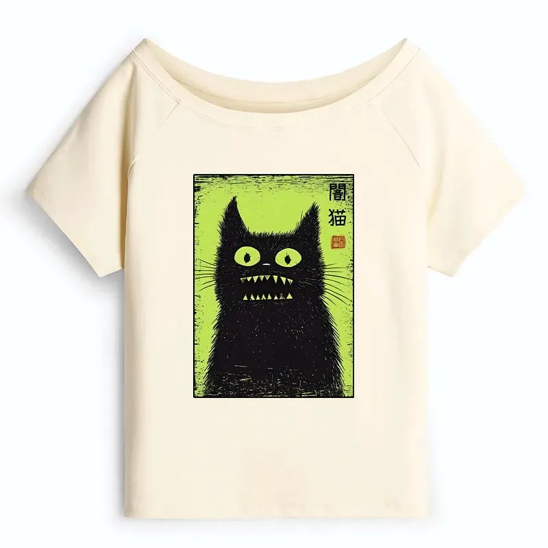 Kyoto-Lion Spooky Black Cat Japanese Off Shoulder T-Shirt
