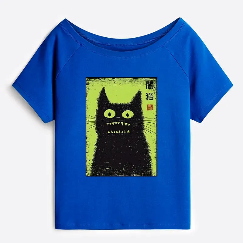 Kyoto-Lion Spooky Black Cat Japanese Off Shoulder T-Shirt