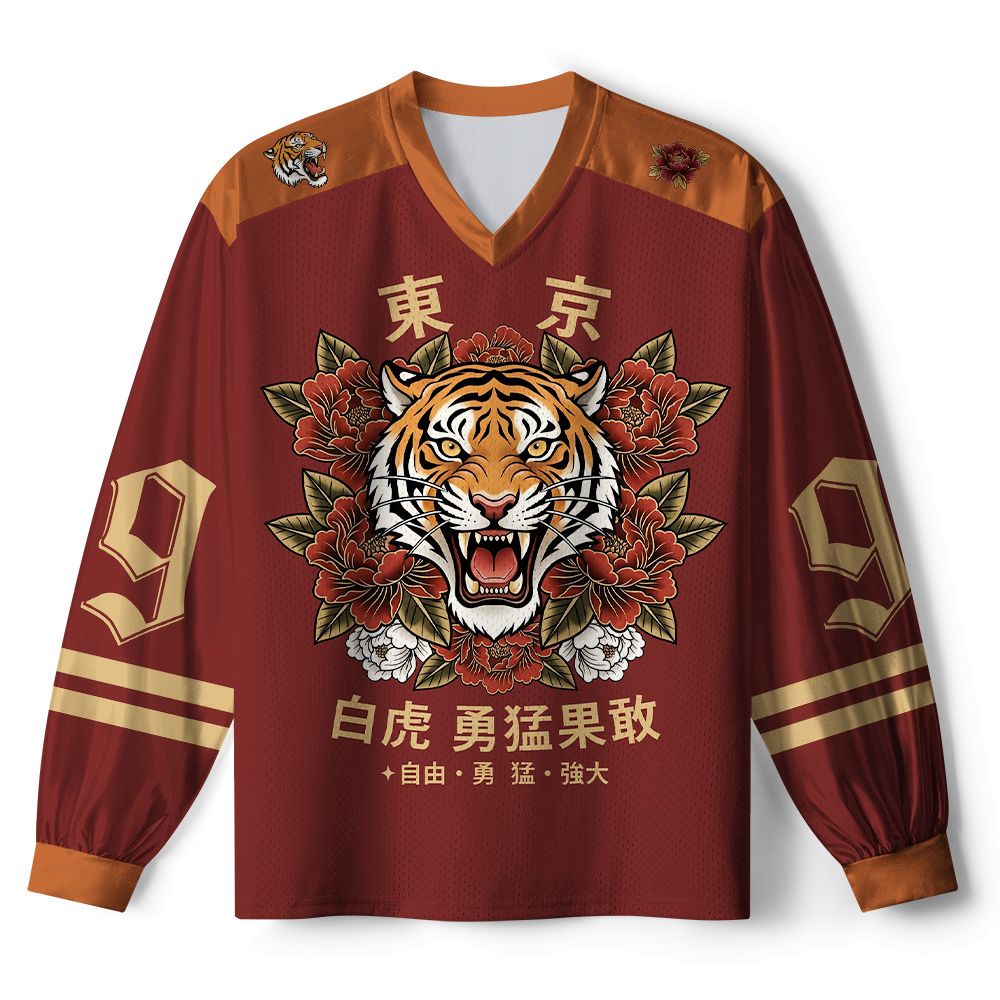 Kyoto-Lion Oriental Tiger Peony Brave Power #99 Paneled Long Sleeve Jersey