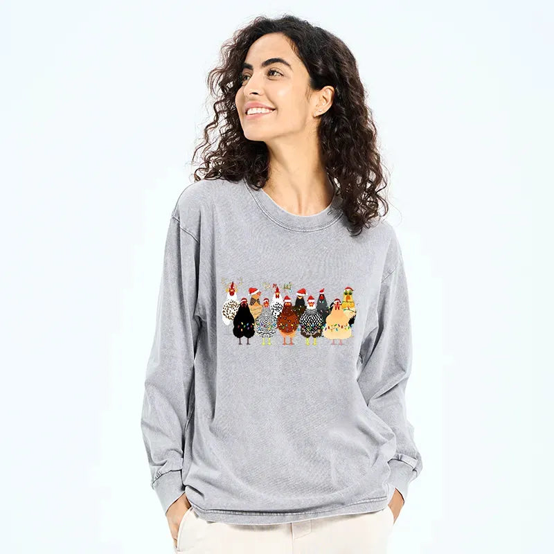 Kyoto-Lion A Flock Of Christmas Chickens Washed Long Sleeve T-Shirt