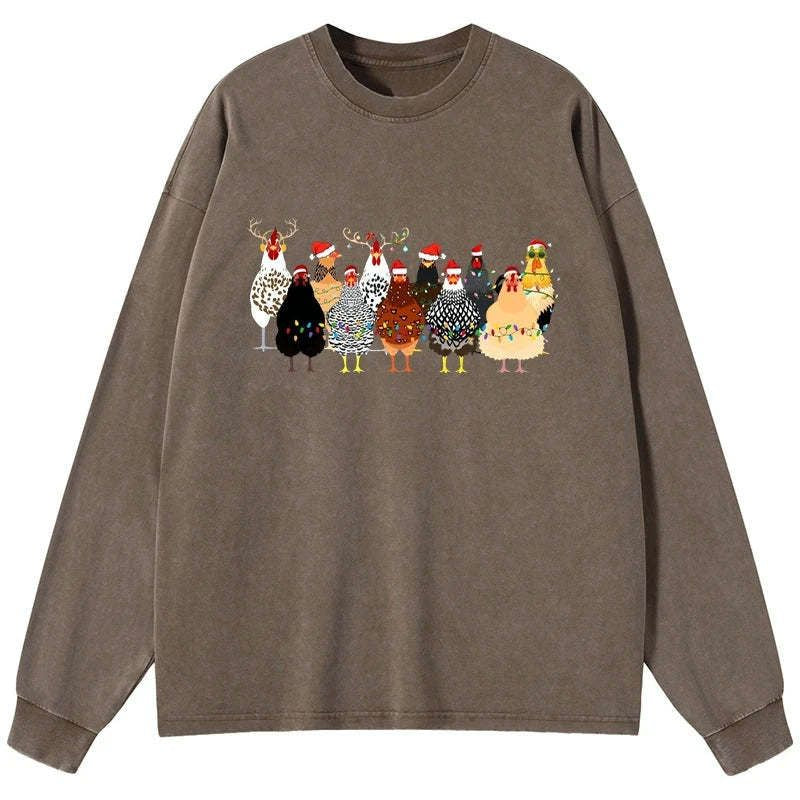 Kyoto-Lion A Flock Of Christmas Chickens Washed Long Sleeve T-Shirt