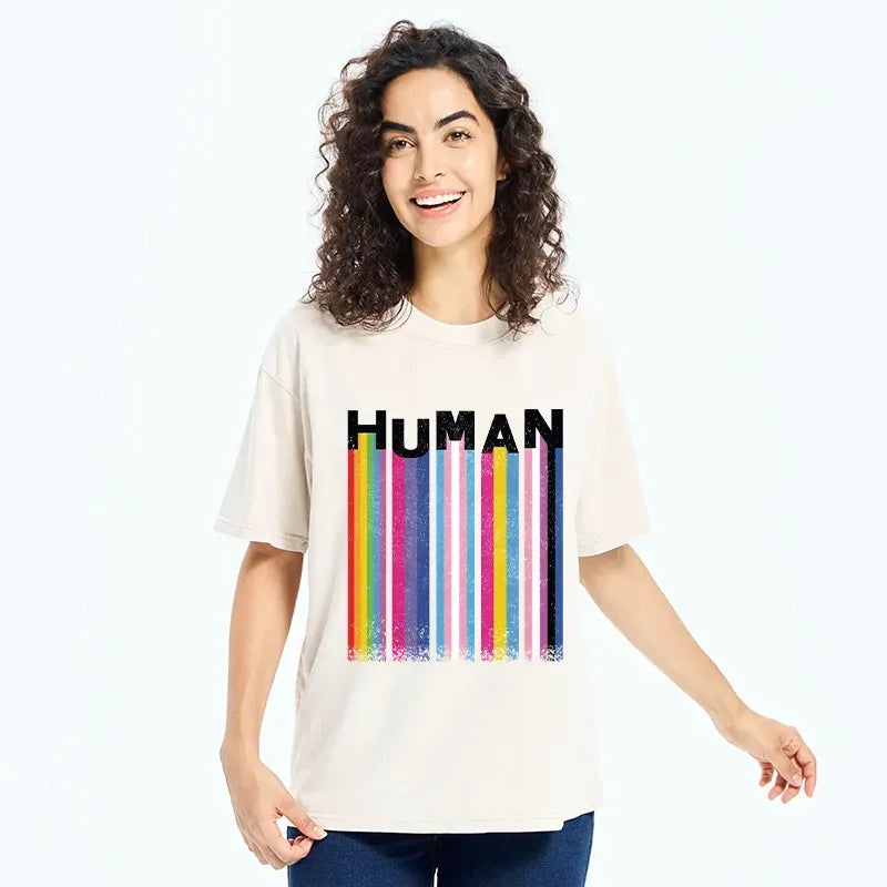Kyoto-Lion Rainbow Stripes Human Pride Washed T-Shirt