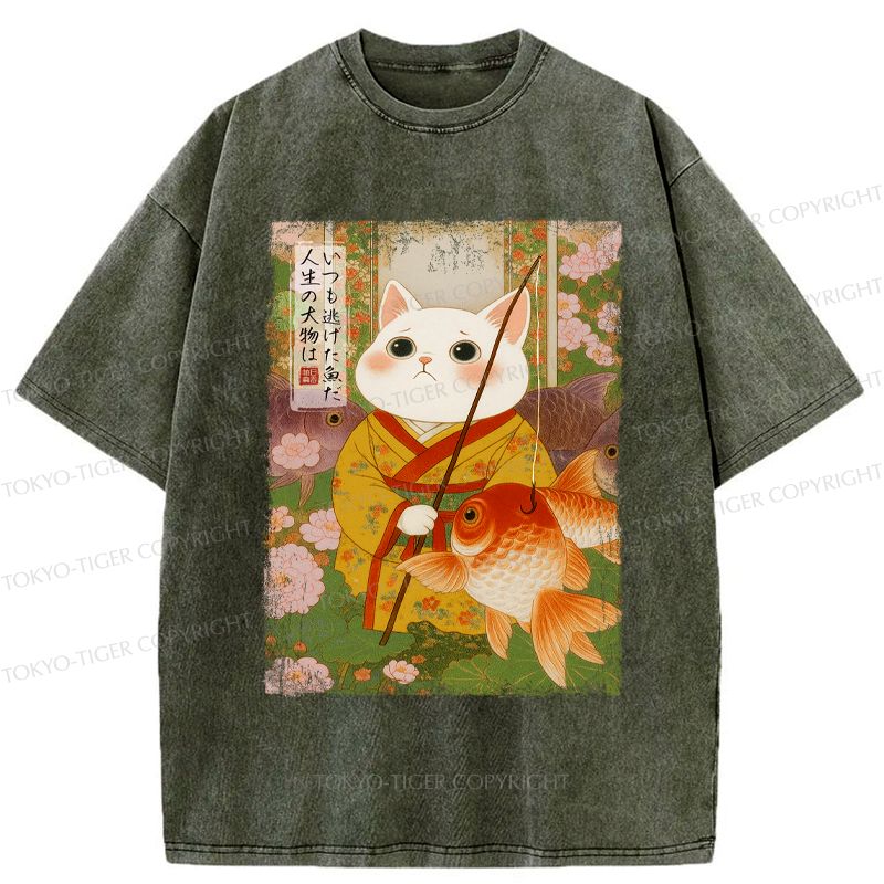 Japanese vintage cat and fish washed t-shirt