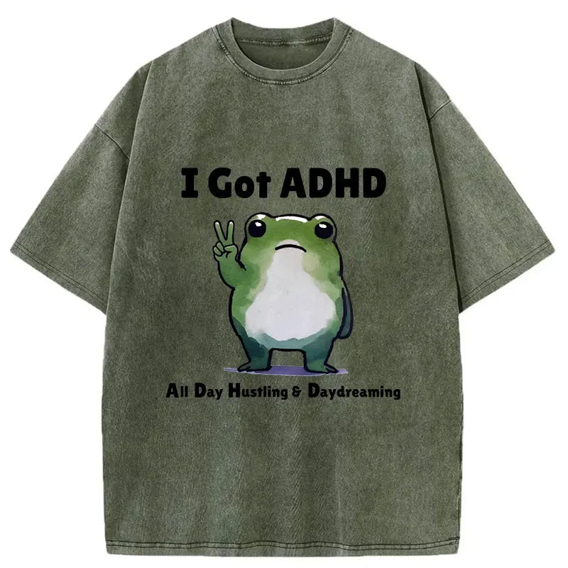 Kyoto-Lion Frog With ADHD Funny Washed T-Shirt