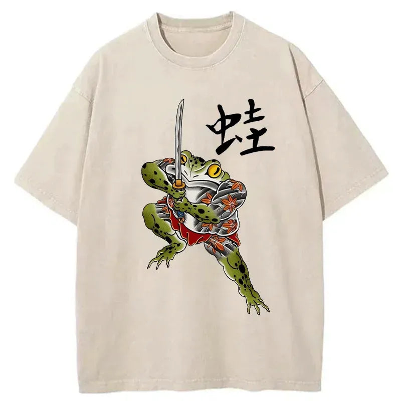 Washed Japanese Frog T-Shirt for Vacation