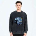 Kyoto-Lion Starry Night Black Cat Washed Sweatshirt
