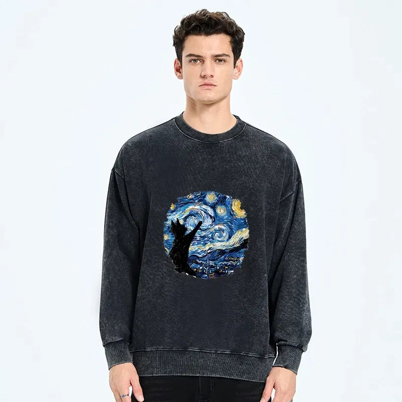 Kyoto-Lion Starry Night Black Cat Washed Sweatshirt