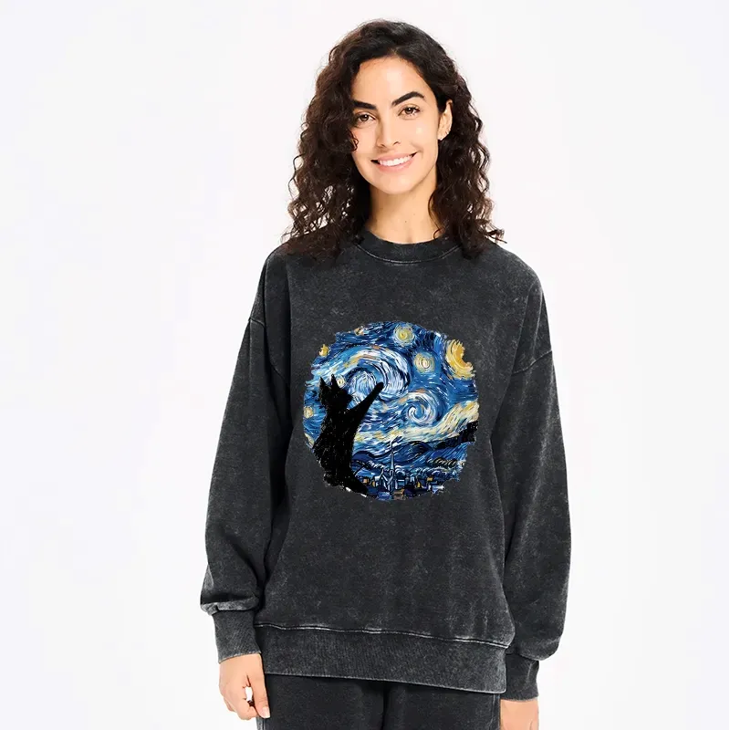 Kyoto-Lion Starry Night Black Cat Washed Sweatshirt