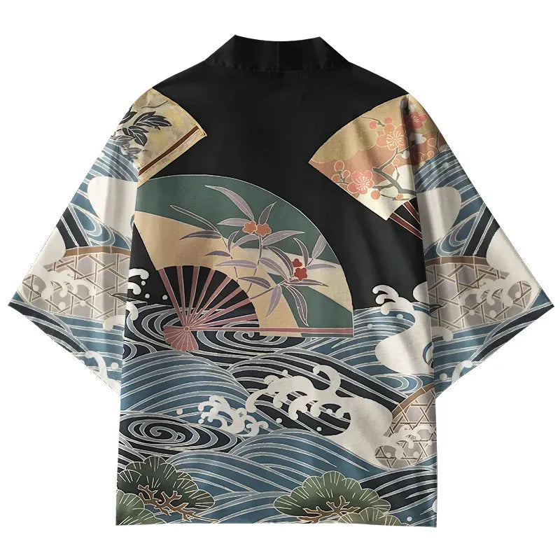 Kyoto-Lion Kanagawa Wave Hand Fan Kimono Cardigan