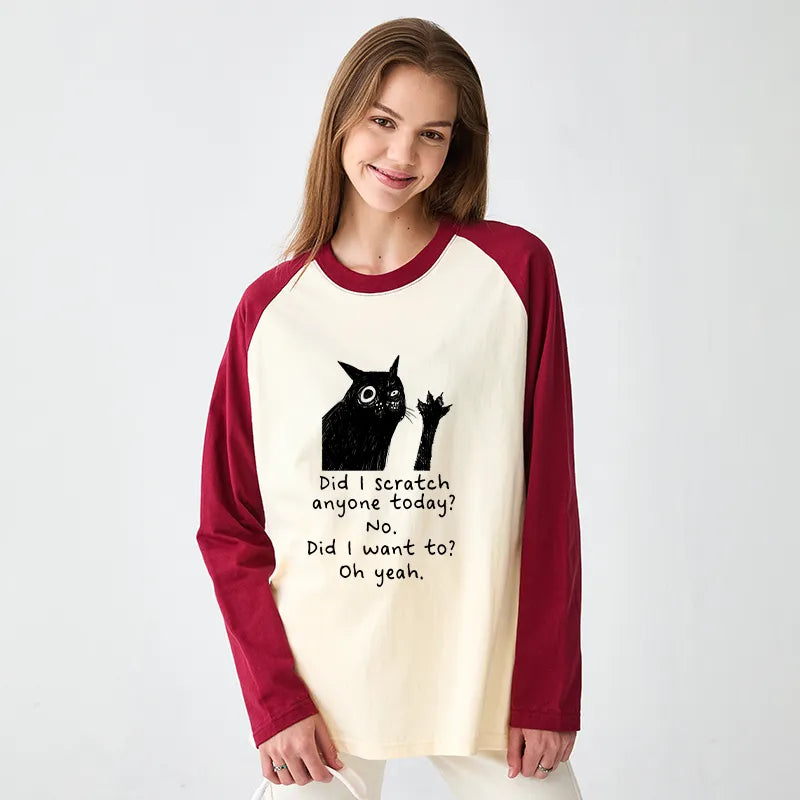 Kyoto-Lion Black Cat Scratches People Raglan Long Sleeve T-shirt
