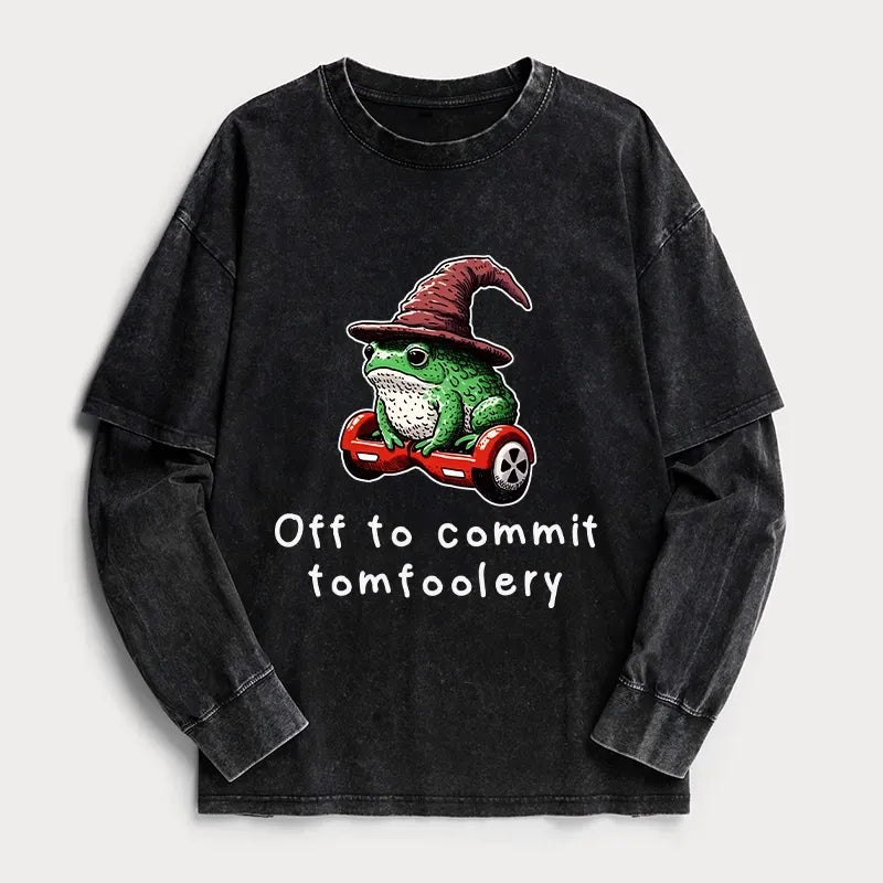 Kyoto-Lion Japanese Frog Riding A Balance Scooter Washed Double Layer T-Shirt