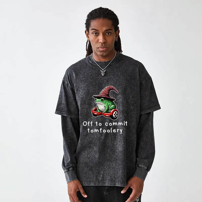 Kyoto-Lion Japanese Frog Riding A Balance Scooter Washed Double Layer T-Shirt