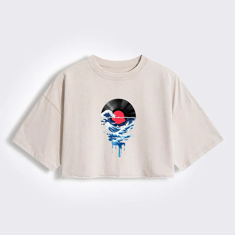 Kyoto-Lion Vinyl Records And Waves Women's Washed Crop T-Shirt